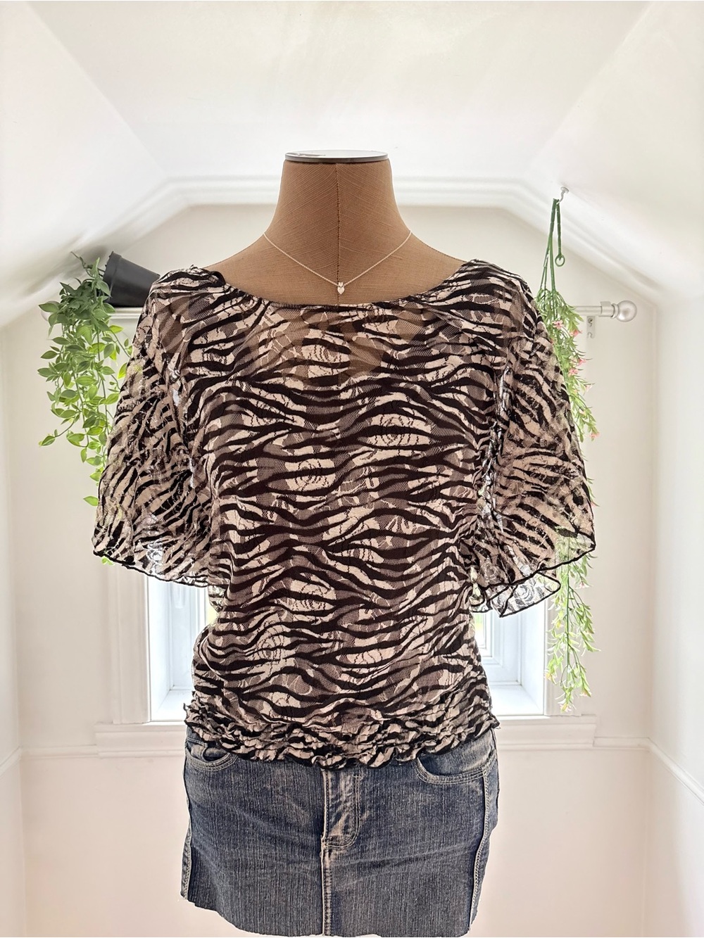 Lavish Sheer Zebra-Print Puff Sleeve Top - Black & Cream